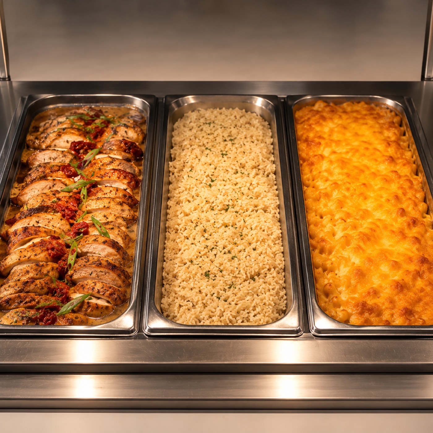 Entrees and sides — sliced chicken in sauce, rice pilaf and baked mac and cheese