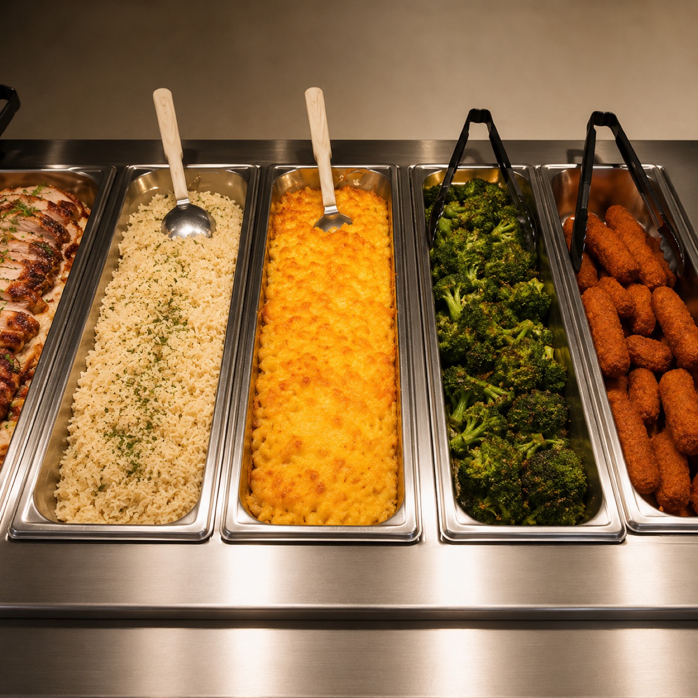 Catering sides including seasoned rice, baked mac and cheese and broccoli in trays