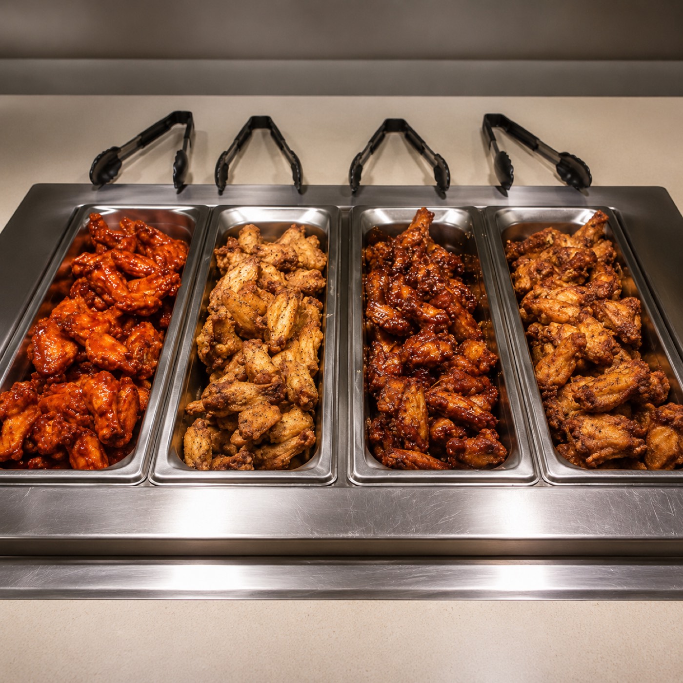 Four warming trays of chicken wings in buffalo, lemon pepper, BBQ and other flavors