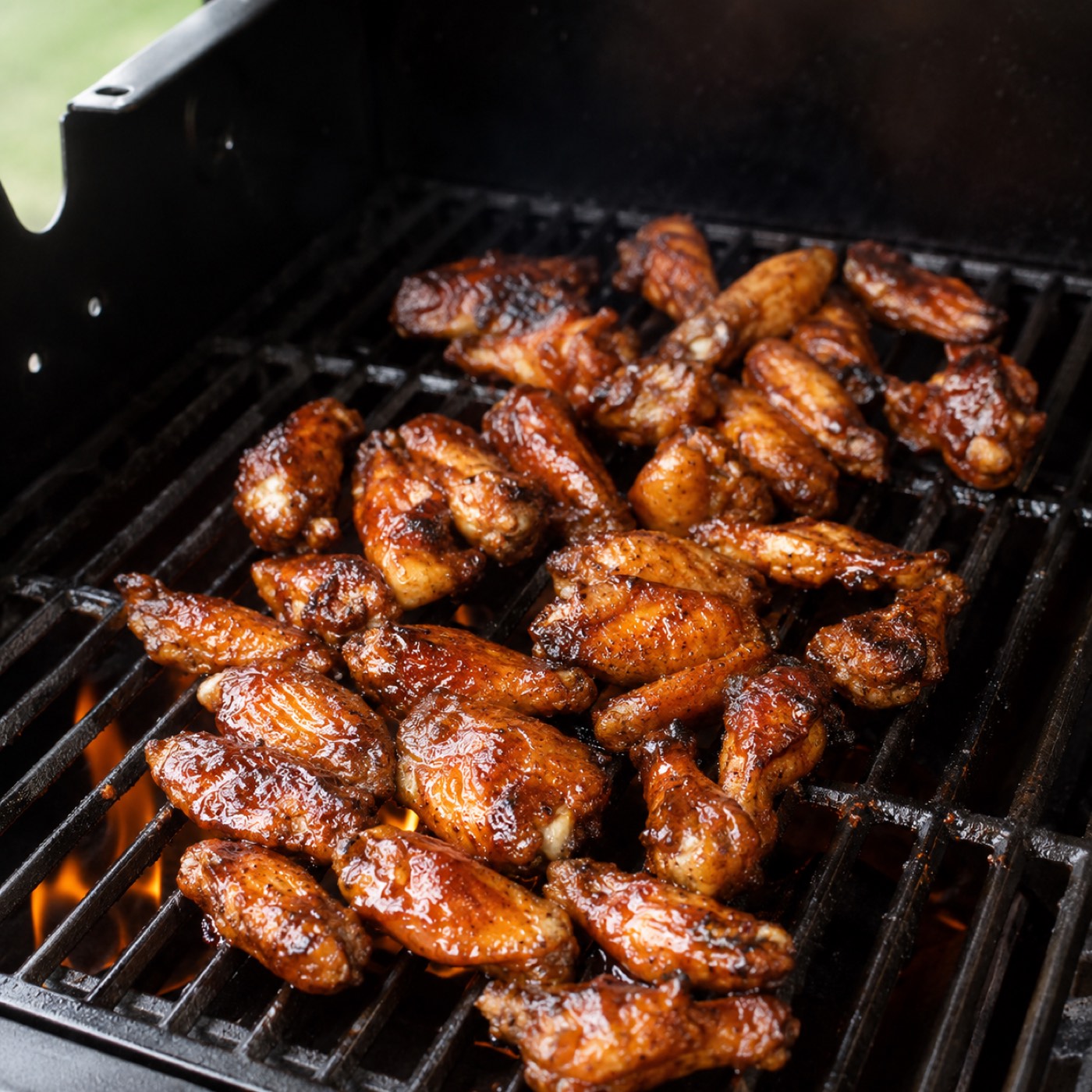 Flame-grilled glazed chicken wings cooking on the grill