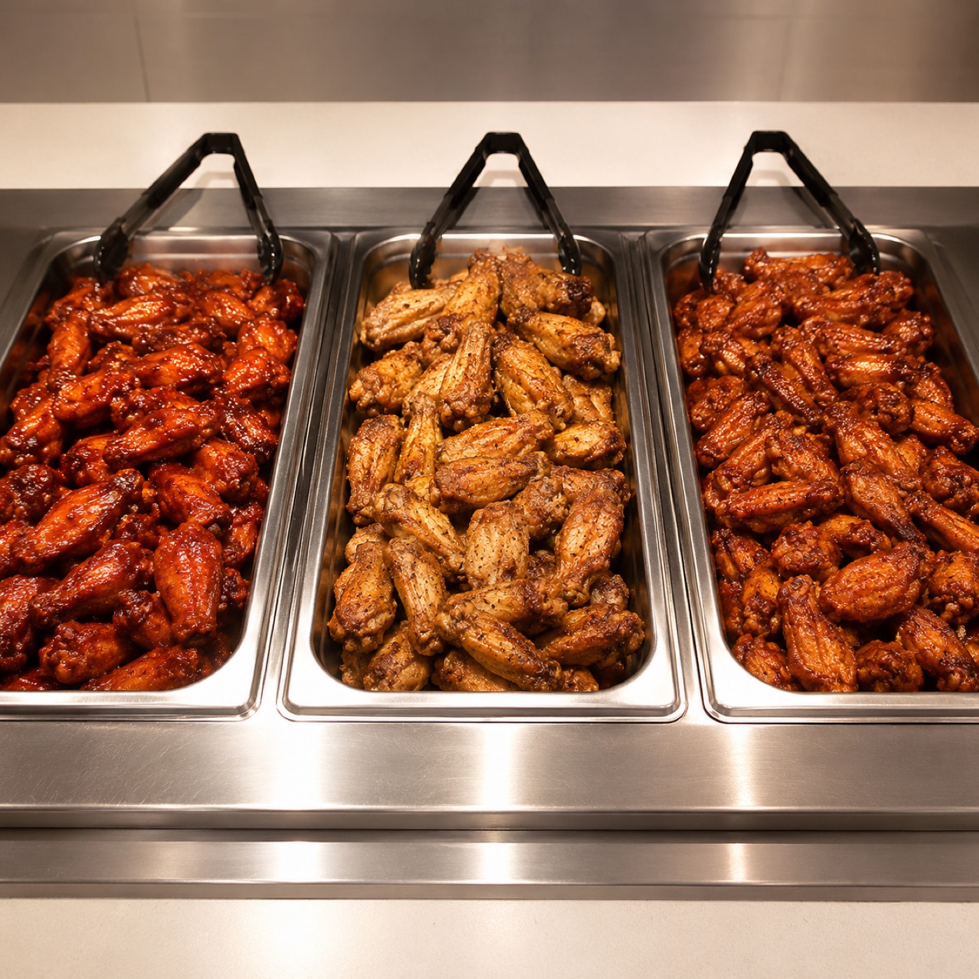 Trays of chicken wings in three flavors ready to serve