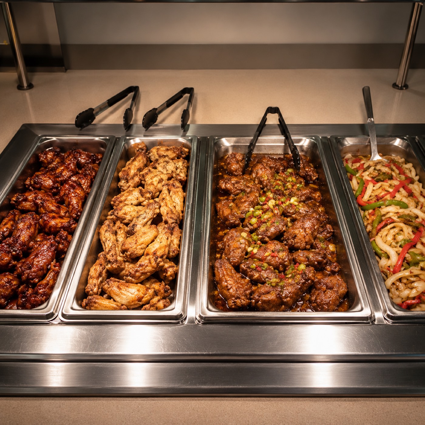 Buffet warming trays of assorted wing flavors with a noodle side dish